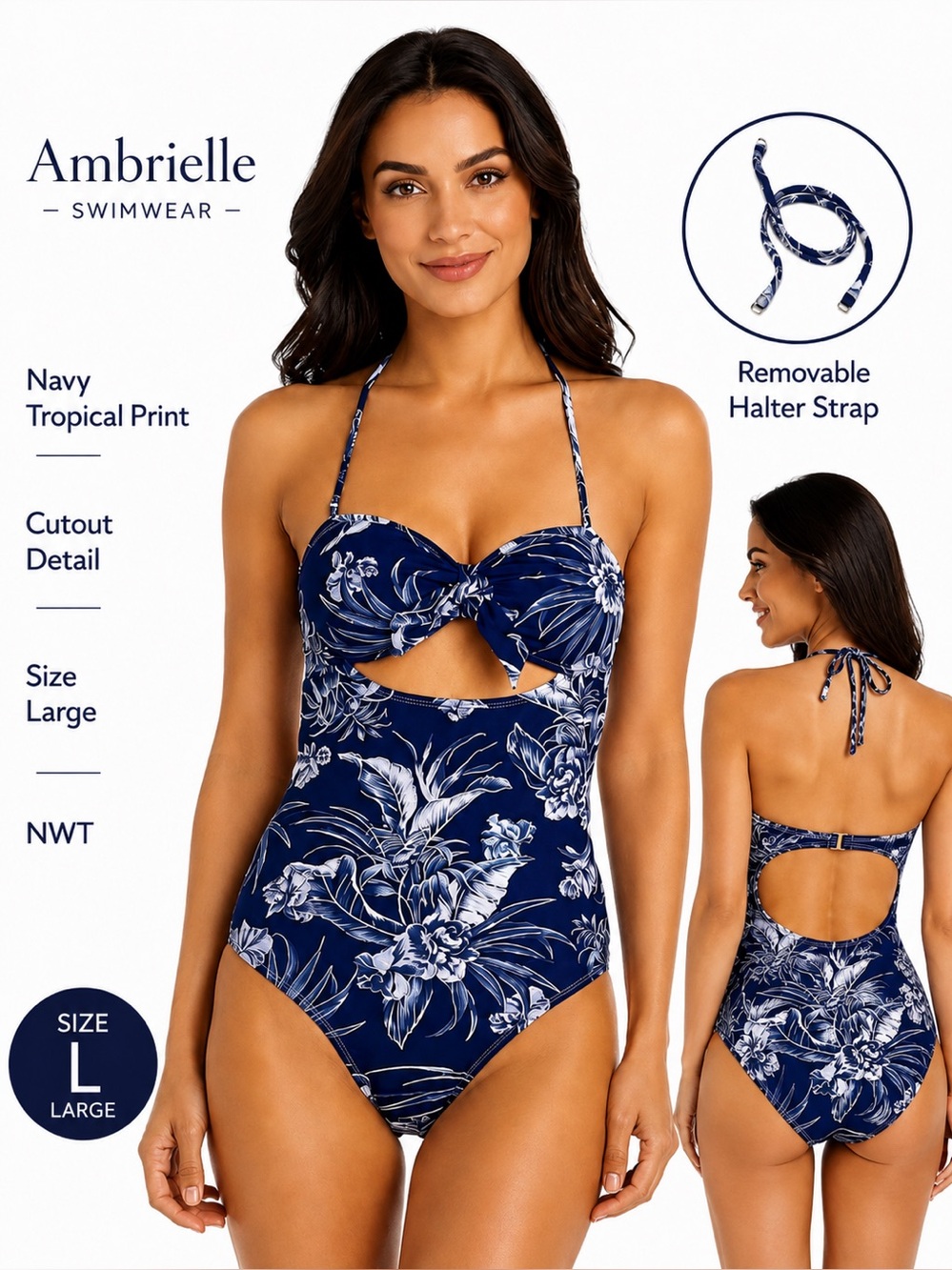 Ambrielle Navy Tropical Cutout One-Piece Swimsuit Size Large NWT